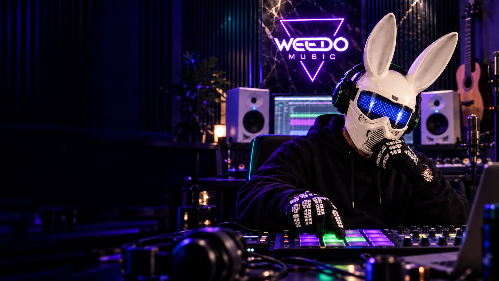 A producer in WEEDO’s white rabbit helmet works at a beat pad in a violet-lit studio. Reference-inspired concept visual.